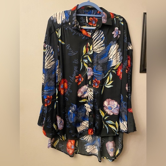 Free People Tops - Free People Black Dress with Red and Blue Floral Design